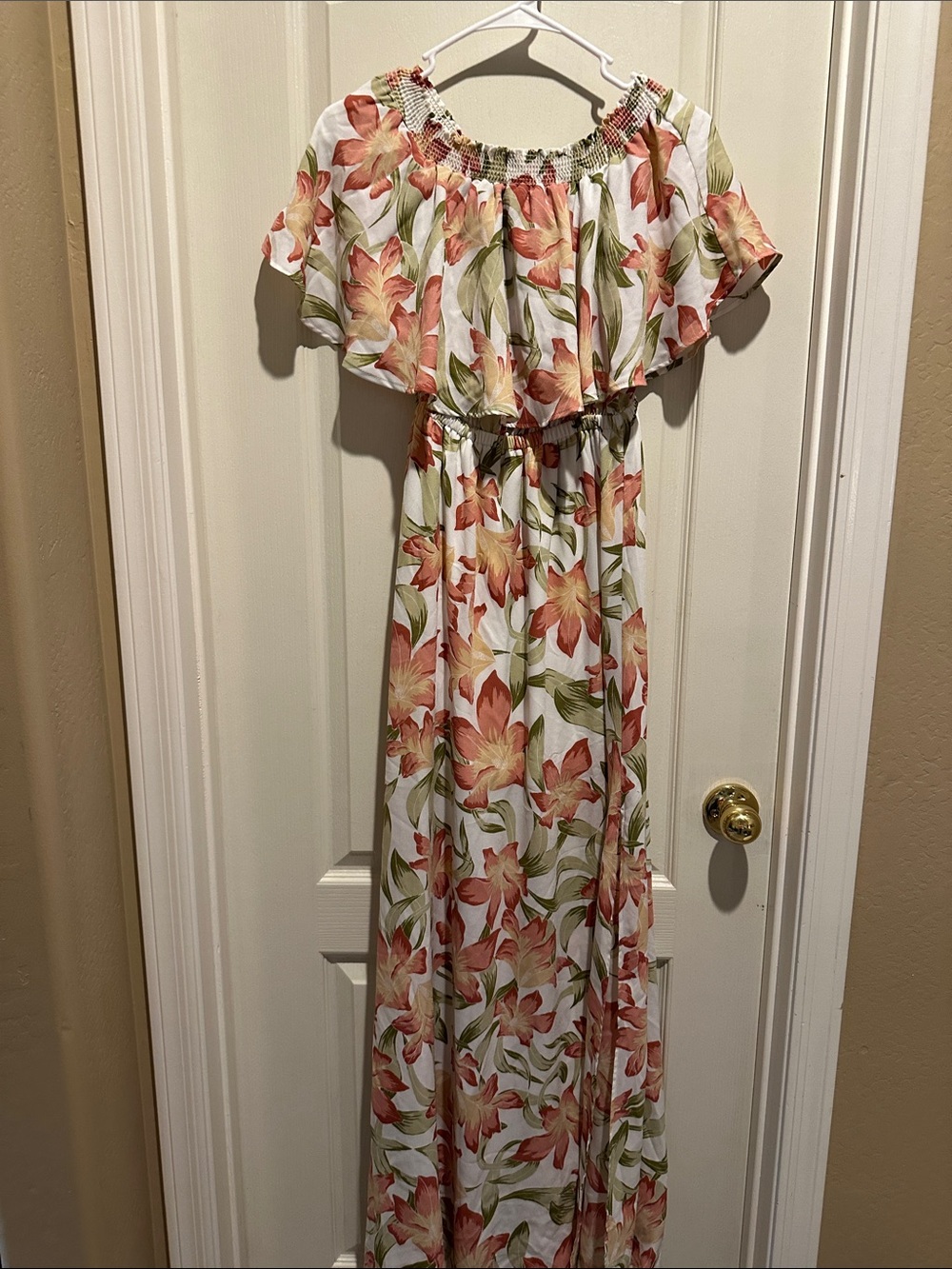 Floral Off-Shoulder Show Me Your MuMu Maxi Dress in Coral & Green